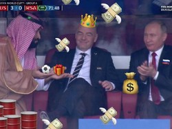 Begini ilustrasinya, Arab Saudi menyerahkan bola dan hadiah kepada Rusia, yang sebaliknya menyerahkan uang. Sementara FIFA sebagai empunya hajatan cuma tersenyum di tengah kedua belah pihak. (Foto: Twitter)