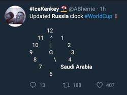 Pukul berapa sekarang di Rusia? Pukul Arab Saudi tepat alias jam lima, yang menjadi olok-olok atas kekalahan 0-5 negara kaya Minyak itu atas Rusia. (Foto: Twitter @ABherrie)