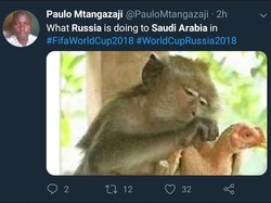 Rusia yang menang telak atas Arab Saudi ibarat seekor monyet mencabuti bulu ayam hingga gundul. (Foto: Twitter @PauloMtangazaji)