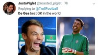 Yang jelas kini pasti banyak yang mencibir jika ada yang mengatakan David De Gea adalah salah kiper terbaik di dunia. (Foto: Twitter @roasted_piglet)