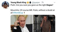 Presiden Rusia Vladimir Putin bahkan sampai bertanya ke Jose Mourinho, apakah dia mengirim David Gea yang bermain di Manchester United atau ada De Gea yang lain? (Foto: Twitter @pycpar)