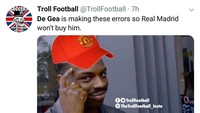 Ada juga anggapan De Gea sengaja membuat blunder agar Real Madrid, raksasa La Liga Spanyol, tidak jadi ingin mendatangkannya. (Foto: Twitter @TrollFootball)