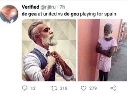 Yang jelas penampilan De Gea di timnas dan MU cukup berbeda sejauh ini. De Gea sendiri meraih golden gloves di Liga Inggris musim lalu berkat torehan 18 clean sheet lho. (Foto: Twitter @njiiru)