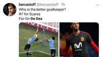 Jika dibandingkan dengan handball Luis Suarez saat menangkis tendangan Ghana, maka mana yang lebih baik antara Suarez atau De Gea? (Foto: Twiter @barcastuff)