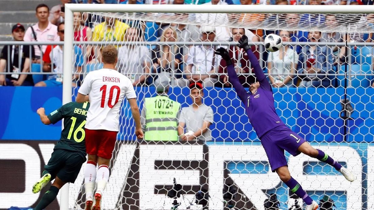 Denmark vs Australia 1-1 di babak pertama. (Foto: Michael Dalder /Reuters)