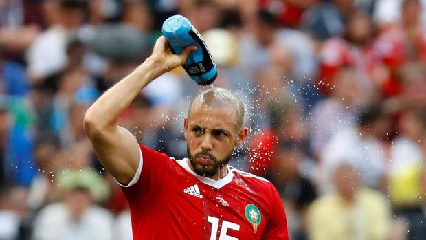 Pemain timnas Maroko Nordin Amrabat dalam pertandingan melawan Portugal, di Luzhniki Stadium, Moscow, Russia , 20 Juni.