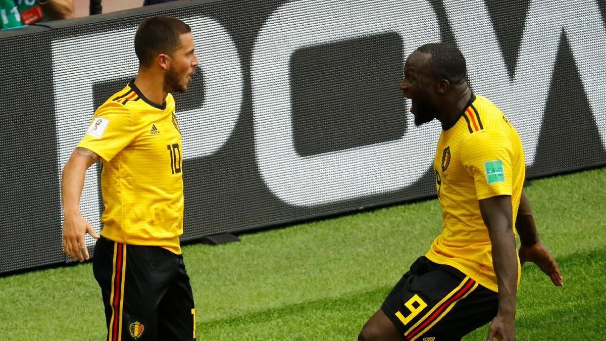 Eden Hazard dan Romelu Lukaku masing-masing mencetak dua gol dalam kemenangan 5-2 Belgia atas Tunisia (Foto: Kai Pfaffenbach/Reuters)