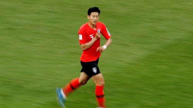Pemain timnas Korea Selatan Son Heung-min saat melawan Meksiko, di Rostov Arena, Rostov-on-Don, Rusia, 23 Juni.
