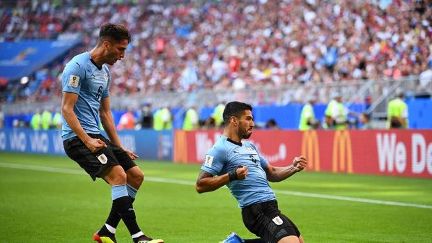 Timnas Uruguay masih unggul 2-0 atas Rusia. (