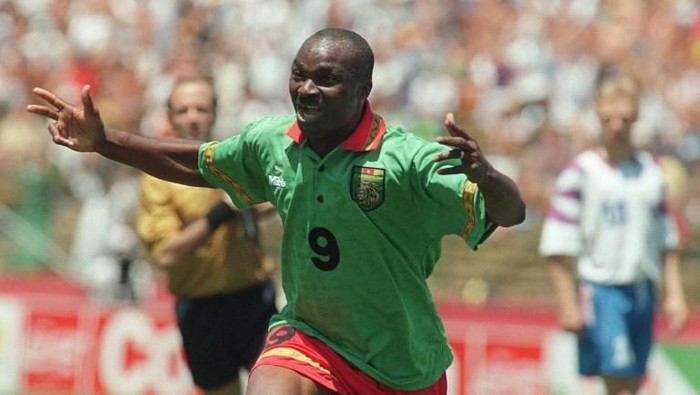 Cameroons forward Roger Milla celebrates after scoring a goal against Russia 28 June 1994 at Stanford stadium in San Francisco during their Soccer World Cup match. At age 42, Roger Milla became the oldest player ever to score a goal in World Cup history, but could not help his team as Russia won 6-1 with forward Oleg Salenko, scoring a record 5 goals. AFP PHOTO/ANTONIO SCORZA / AFP PHOTO / ANTONIO SCORZA