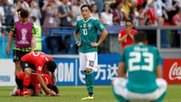 Jerman tersingkir dari Piala Dunia 2018 usai di laga terakhir Grup F secara mengejutkan dikalahkan Korea Selatan 0-2. Padahal, Jerman hanya perlu menang 1-0 untuk lolos, mengingat di laga lain Meksiko dihajar Swedia 0-3. (Foto: REUTERS/John Sibley)