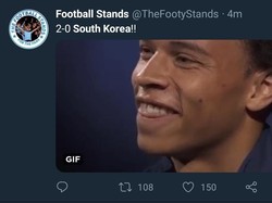 Leroy Sane adalah pemain muda Jerman yang tidak dibawa ke Piala Dunia 2018. Bagaimana responsnya melihat pelatih Joachim Loew pulang karena Jerman tersingkir?  Senang atau sedih kira-kira? (Foto: Twitter @TheFootyStands)
