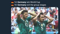 Tersingkirnya Jerman membuat kutukan juara bertahan sejak 1998 pun berlanjut. Jerman sebelumnya juara di Piala Dunia 2014, dan langsung gugur di fase grup di Piala Dunia 2018. (Foto: Twitter @FourFourTweet)