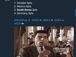 Hasil akhir Grup F pun menempatkan Swedia di peringkat pertama dengan enam poin, unggul gol atas Meksiko yang punya poin sama. Adapun Korsel jadi ke peringkat tiga, dan menempatkan Jerman di posisi juru kunci. Sebuah hasil yang di luar prediksi sebelumnya. (Foto: Twitter @Football_Tweet)