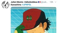 Karena dari Jepang, Kawashima pun disamakan dengan karakter Wakabayashi, itu tuh kiper jago yang ada di serial anime Captain Tsubasa. (Foto: Twitter Julien Mestre)