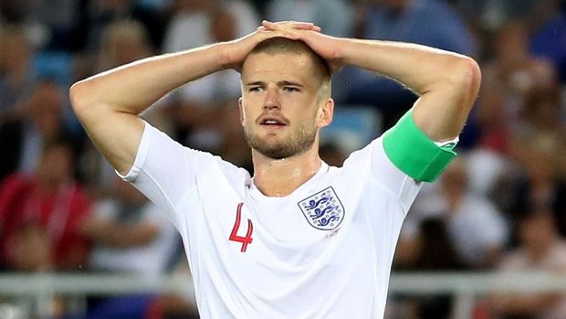 Eric Dier dalam laga melawan Belgia, Kaliningrad Stadium, Kaliningrad, Rusia, 28 Juni.