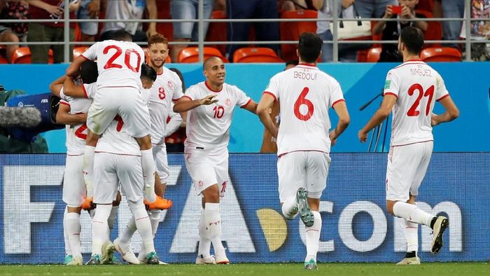 Pemain Tunisia merayakan gol kemenangan atas Panama di laga terakhir Grup G Piala dunia 2018. (Foto: Reuters) Pemain Tunisia merayakan gol kemenangan atas Panama di laga terakhir Grup G Piala dunia 2018. (Foto: Reuters)
