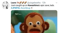 Jika melihat penyelamatan Kawashima, banyak yang tidak menyangka bolanya gagal masuk ke gawang. Mungkin ekspresinya seperti ini saat melihat aksi kiper berusia 35 tahun itu. (Foto: Twitter @uisgebeatha)