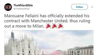 Marouane Fellaini sempat dikabarkan akan ke AC Milan, tapi tak terjadi setelah memperpanjang kontrak dengan MU. Fans Milan pun sepertinya senang. (Foto: Twitter)