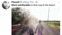 Pada akhirnya, Messi dan Ronaldo melanjutkan kekompakannya dengan sama-sama tersingkir dari Piala Dunia 2018. Messi dan Ronaldo diibaratkan bergandengan tangan menuju bandara untuk meninggalkan Rusia. (Foto: Twitter @Dyg_This)