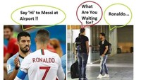 Sebelumnya, Messi sudah nungguin Ronaldo untuk pulang bareng. Mungkin Messi sudah tak sabar mau bersaing lagi dengan Ronaldo di La Liga Spanyol. (Foto: Twitter @GameYetu)