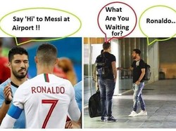 Sebelumnya, Messi sudah nungguin Ronaldo untuk pulang bareng. Mungkin Messi sudah tak sabar mau bersaing lagi dengan Ronaldo di La Liga Spanyol. (Foto: Twitter @GameYetu)