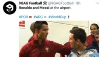 Dan inilah meme momen ketika Messi dan Ronaldo ketemuan di Airport usai negaranya sama-sama tersingkir dari Piala Dunia 2018. (Foto: Twitter @9GAGFootball)