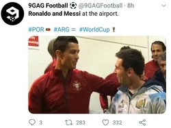 Dan inilah meme momen ketika Messi dan Ronaldo ketemuan di Airport usai negaranya sama-sama tersingkir dari Piala Dunia 2018. (Foto: Twitter @9GAGFootball)