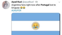 Ada ejekan bahwa tersingkirnya Portugal membuat fans Argentina girang. Maklum, Ronaldo merupakan saingan berat Messi di level klub. (Foto: Twitter @ayuelkuol)
