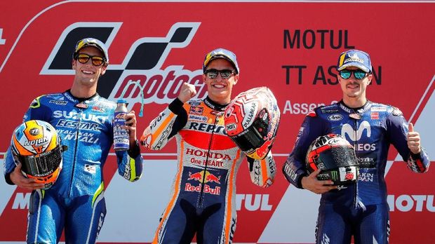 Marc Marquez mengalahkan Alex Rins dan Maverick Vinales di MotoGP Belanda musim lalu.