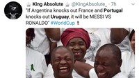 Tak ayal, potensi duel Cristiano Ronaldo (Portugal) vs Lionel Messi (Argentina) itu tak tercipta. Harapan melihat dua pemain terbaik bertanding di Piala Dunia 2018 pupus. Foto: Twitter @KingAbsolute_