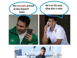 Messi disebut-sebut meminta Luis Suarez, pemain Uruguay, untuk juga memulangkan Ronaldo dari Piala Dunia 2018. Suarez memang berperan penting saat Uruguay mengalahkan Portugal 2-1, di mana ia mencetak satu assist untuk gol Edinson Cavani. (Foto: Twitter @GameYetu)