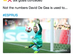 Minimnya jumlah penyelamatan De Gea si kiper andalan membuat gol demi gol pun telah bersarang ke gawang Spanyol. (Foto: Internet/Twitter)