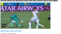 Sepanjang Piala Dunia 2018, De Gea cuma melakukan sebiji penyelamatan. De Gea menjadi kiper dengan ersentase penyelamatan terendah, yakni 14,3%. (Foto: Internet/9gag)