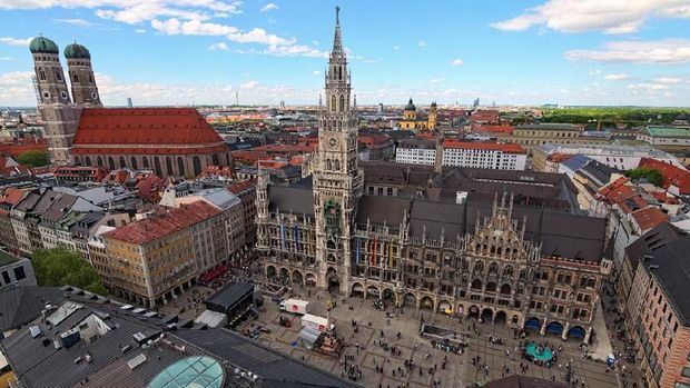 Munich, Germany-APRIL 30, 2018: Ancient Marienplatz and New City Hall, Cathedral of Our Dear Lady (Munich Frauenkirche) aerial view in spring day
