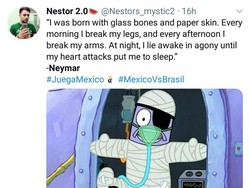 Betapa ringkihnya badan Neymar, tidak seperti Messi dan Ronaldo, yang berkali-kali dilanggar terkadang tetap berusaha melakukan dribble ke arah pertahanan lawan. (Twitter @Nestors_mystic2)