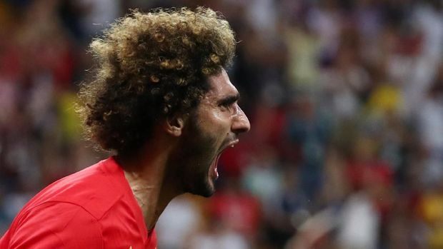 Pemain timnas Belgia Marouane Fellaini mencetak gol penyeimbang ke gawang Jepang.