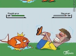 Mungkin Neymar ibarat ikan yang berada di daratan, menggelepar tak berdaya ketika disenggol pemain lawan. (Twitter @TheRealPika)