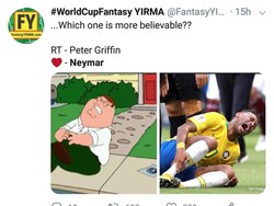 Ayo, lebih meyakinkan mana antara jatuhnya Neymar dengan Peter Griffin, itu tuh karakter di serial animasi Family Guy. (Twitter @FantasyYIRMA)