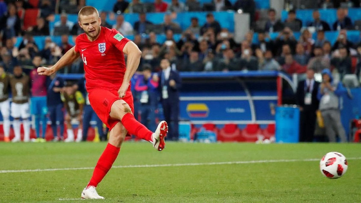 Eric Dier mencetak gol penentu Inggris dalam adu penalti dengan Kolombia. (Foto: Maxim Shemetov/REUTERS)
