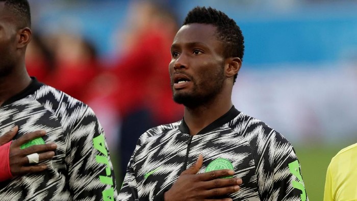 FILE PHOTO: Soccer Football - World Cup - Group D - Nigeria vs Argentina - Saint Petersburg Stadium, Saint Petersburg, Russia - June 26, 2018   Nigerias John Obi Mikel during the national anthem before the match   REUTERS/Henry Romero/File photo