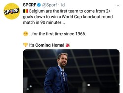 Di Piala Dunia 2018, Belgia mengalahkan Jepang 3-2 di babak 16 besar usai tertinggal dua gol. Terakhir ada tim yang comeback dua gol di fase knock terjadi di Piala Dunia 1966 atau ketika Inggris menjadi juara. Its Coming Home! (Foto: Twitter @Sporf)