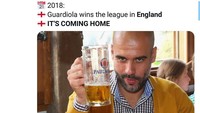 Cocoklogi yang lainnya adalah soal Pep Guardiola. Ketika ia juara liga bersama klub, maka negara liga tersebut bisa menjadi juara Piala Dunia. Tahun ini, Guardiola membawa City juara Liga Inggris, jadi artinya... Its Coming Home! (Foto: Twitter @Sportbible)