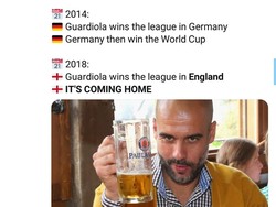 Cocoklogi yang lainnya adalah soal Pep Guardiola. Ketika ia juara liga bersama klub, maka negara liga tersebut bisa menjadi juara Piala Dunia. Tahun ini, Guardiola membawa City juara Liga Inggris, jadi artinya... Its Coming Home! (Foto: Twitter @Sportbible)