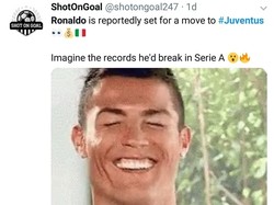 Juventus disebut-sebut mesti merogoh kocek sebesar 100 juta euro untuk mendatangkan Ronaldo dari Real Madrid. Andai benar, maka CR7 menjadi pemain termahal di Serie A. (Foto: Twitter @shotongoal247)