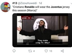 Ada yang beranggapan jika semua rumor transfer Ronaldo ke Juventus cuma tipuan media. ini pasti propaganda media, kata meme di atas yang menggunakan foto ISIS mengecam media. (Foto: Twitter @ZizouHuweidi)