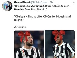 Rencananya, uang untuk membeli Ronaldo didapat Juventus dari menjual paket Gonzalo Higuain dan Daniel Rugani ke Chelsea. Diobral nih dua pemain. (Foto: Twitter @CalcioDirect)