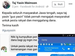 Hati-hati Ada Akun FB Catut Taj Yasin Minta Sumbangan, Palsu!