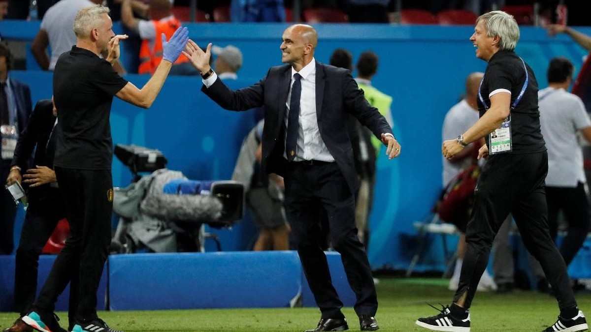 Pelatih Belgia Roberto Martinez merayakan kemenangan timnya atas Brasil di semifinal Piala Dunia 2018 (Foto: Gleb Garanich/Reuters)
