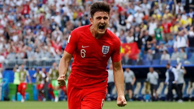 Harry Maguire membuka keunggulan Inggris atas Swedia.